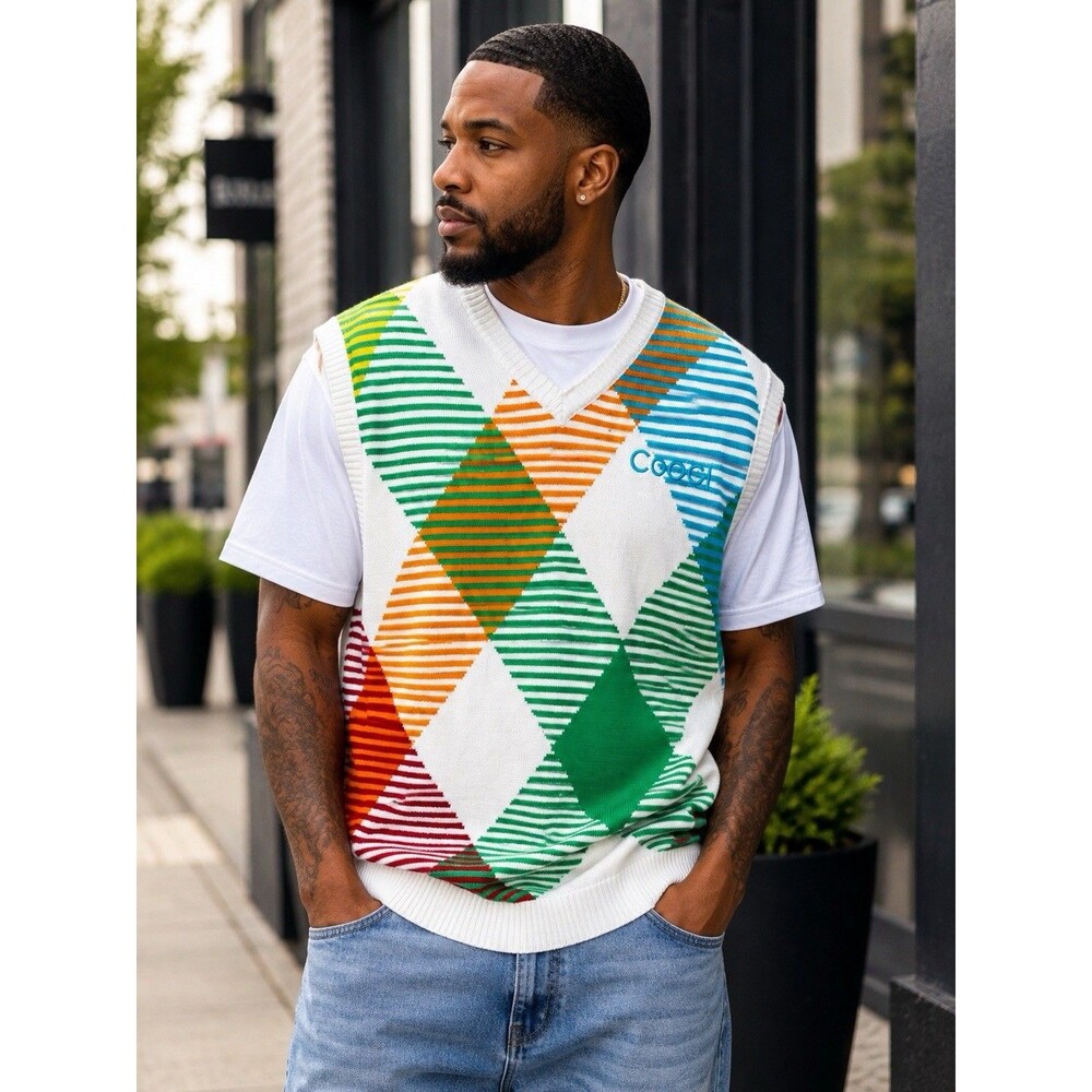 COOGI NWT XL White Multicolor Geometric V-Neck Cotton Sweater Vest Mens